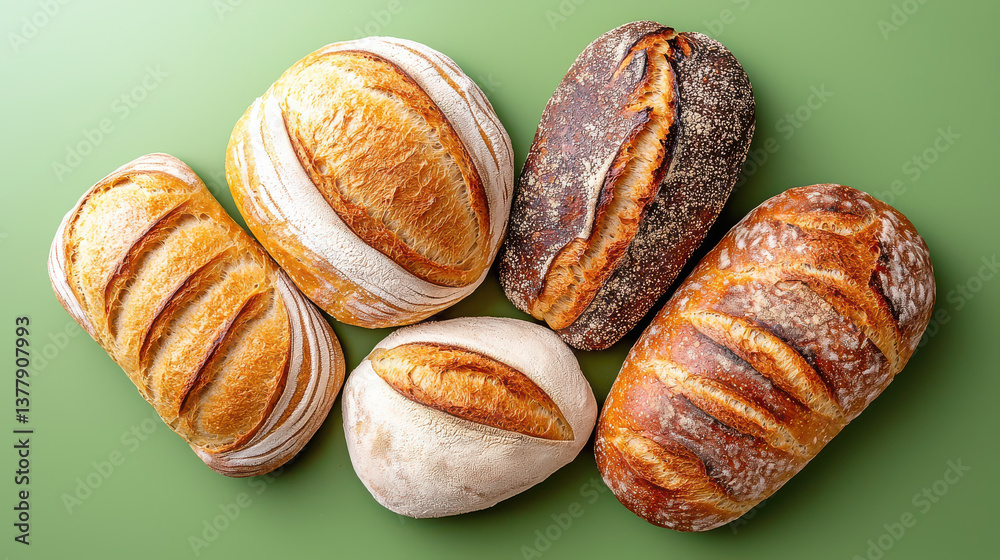 Poster variety of artisan breads displayed green background, showcasing different textures and crusts. asso
