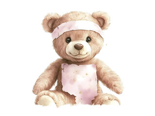Watercolor Illustration Of A Cute Teddy Bear With Pink Bandage