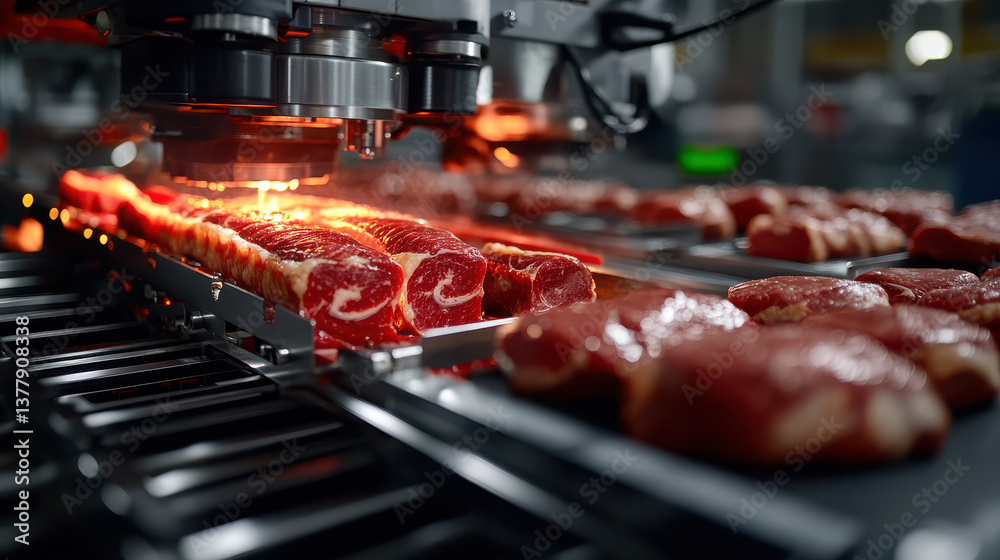 Aufkleber close up of automated machinery slicing fresh red meat in modern processing facility, showcasing pre
