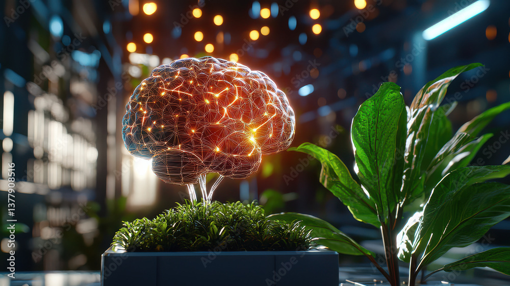 Poster glowing, digital brain sculpture sits in modern setting, surrounded by lush greenery and illuminated