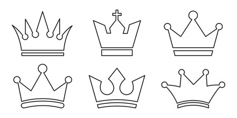 Crown thin line icon set. Silhouette crown collection. Black crown symbol. Editable stroke. Vector illustration. EPS 10