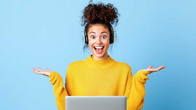 A cheerful woman in headphones expresses excitement while using a laptop against a light blue background.