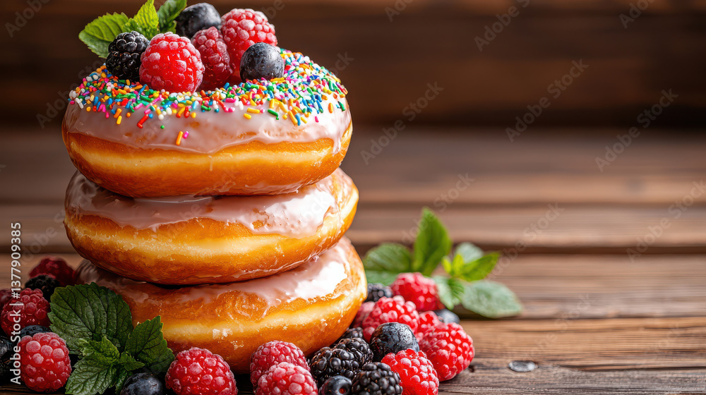 Poster tower of glazed donuts topped with colorful sprinkles and surrounded by fresh berries on wooden tabl
