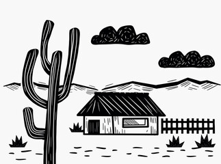 Rustic desert landscape illustration in woodcut style. Features a cactus, rural house, mountains, and cloudy sky. Hand-drawn black and white design.
