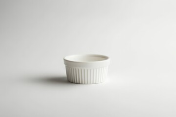 A single white ceramic ramekin sits centered on a white surface