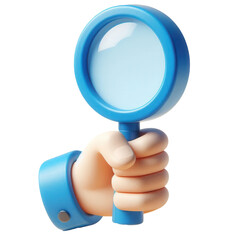 Blue ribbon on a white background with a magnifying glass held in hand, symbolizing search, analysis, and discovery