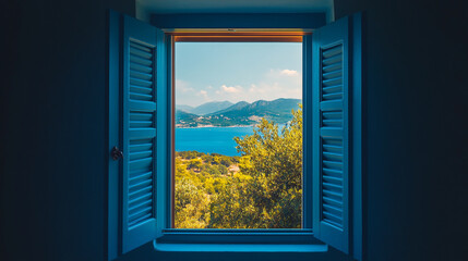 Open blue shuttered window overlooking a scenic view of the ocean and distant mountains on a sunny day