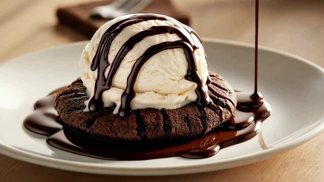 A scoop of vanilla ice cream atop a chocolate velvet cookie on white plate, The creamy texture of chocolate ice cream with soft cookie	