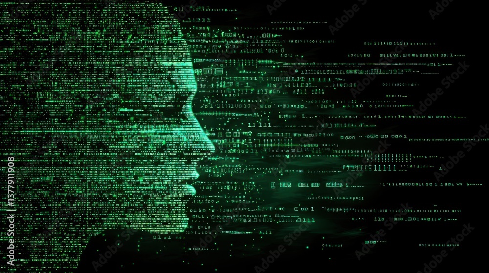 Poster person's face with overlay of binary code representing cybersecurity concepts and digital identity i