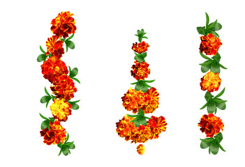 Marigold Diwali. flowers. marriage, festivals traditional. isolated garlands of flowers. Set