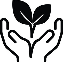 Hand with plant. Plant in hand. Hand holding plant. ECO world. black design in trendy style.  Ecological concept icon. EPS 10
