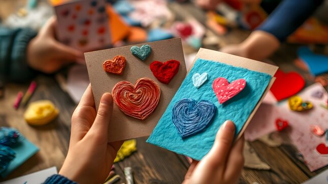 Friends making handmade Valentine cards to give to those they care about