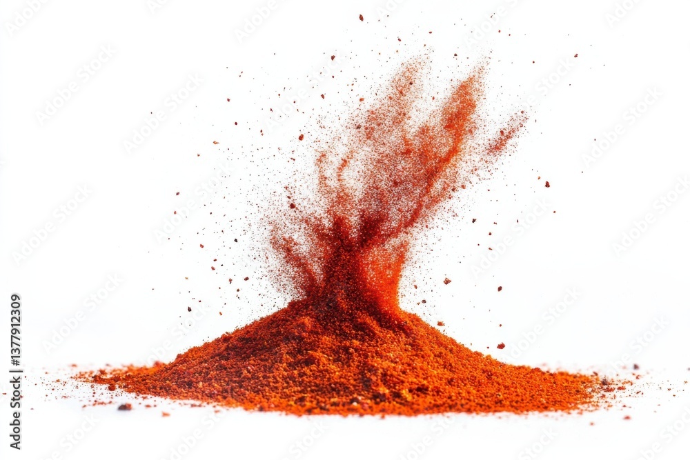Poster vibrant red spice powder erupts from a mound, showcasing a dynamic burst of color and texture