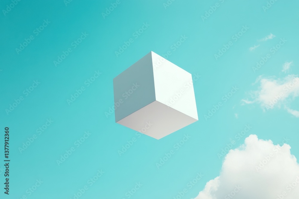 Aufkleber floating white cube against a blue sky with soft clouds enhancing the surreal atmosphere of the scen