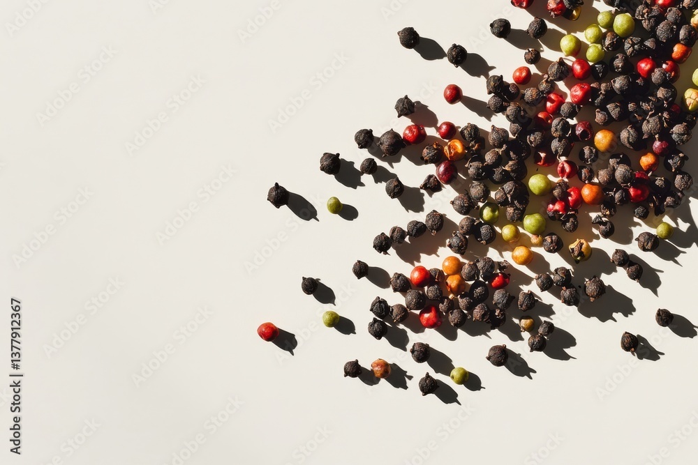 Poster Assorted peppercorns arranged on a light surface showcasing vibrant colors and textures in a culinary context