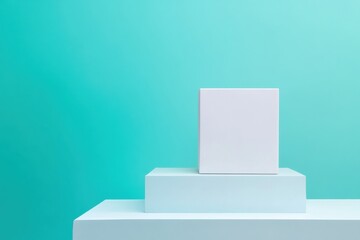 Display of a minimalistic white box on a teal background highlighting modern design aesthetic