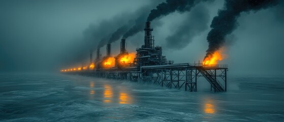 Distant industrial plant with tall chimneys emitting black smoke above a icy landscape on a hazy day