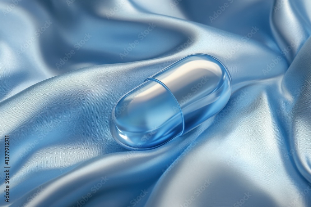 Poster bright blue capsule rests on soft satin fabric creating a tranquil aesthetic in a serene setting