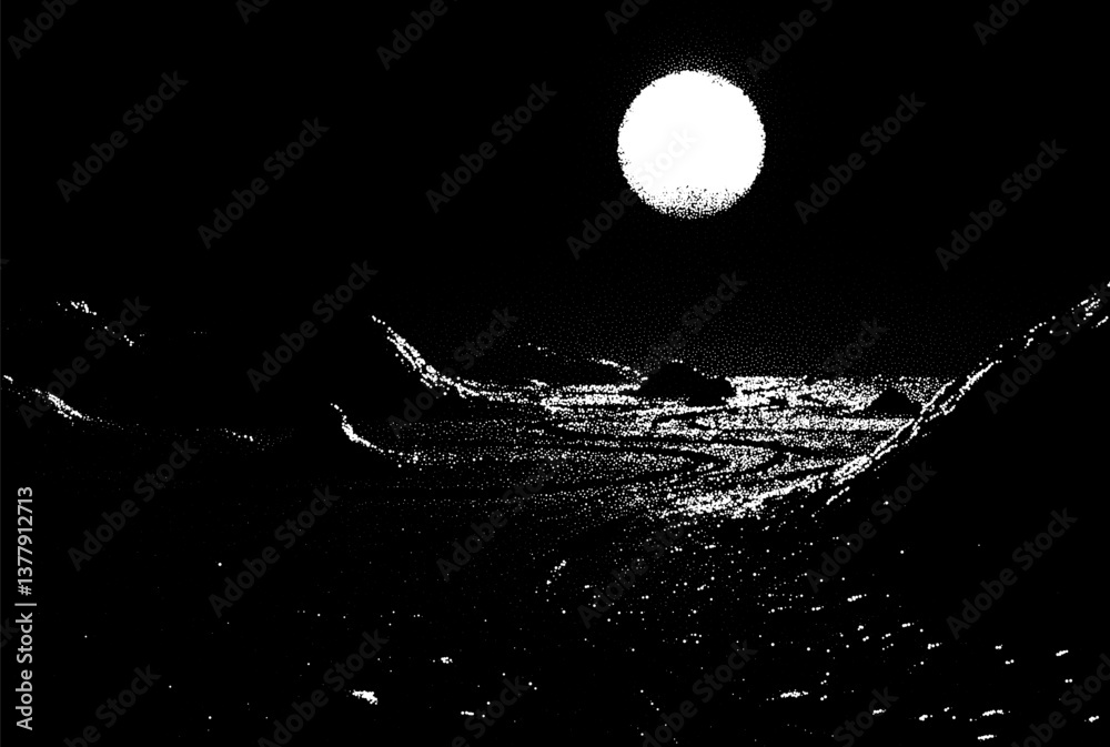 Poster alien planet landscape in retro dotwork style. planets and satellites over unknown planet in space. 