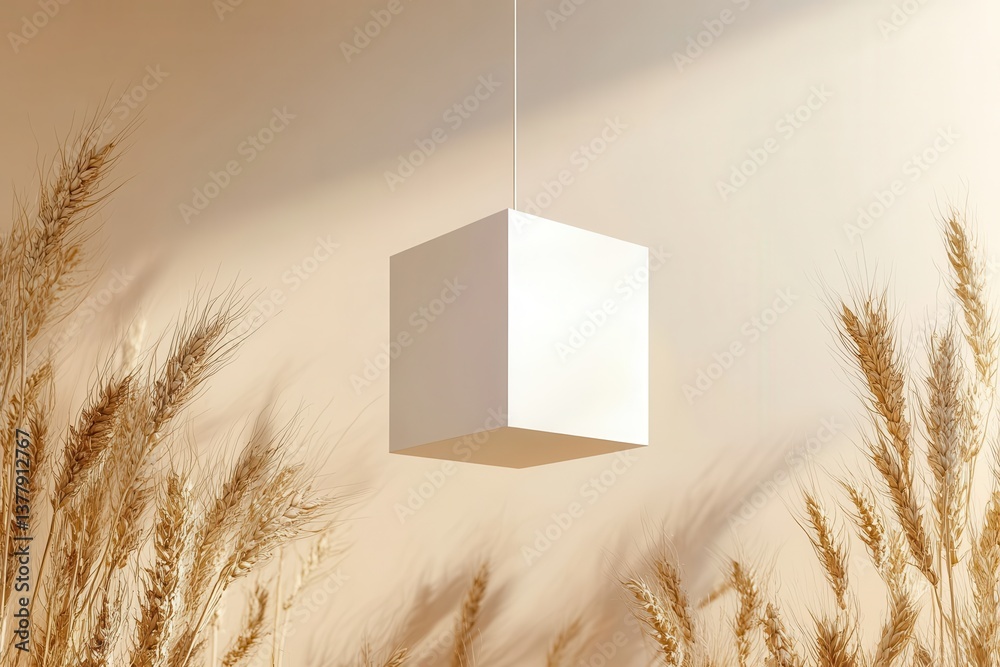 Poster White geometric hanging object positioned in a serene setting with dried grass during soft daylight