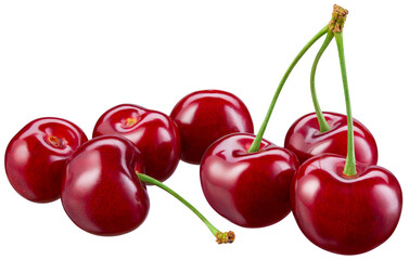 Cherry isolated png. Sour cherry on white or transparent background. Perfect retouched cherries no background. Png cherry. Full depth of field.