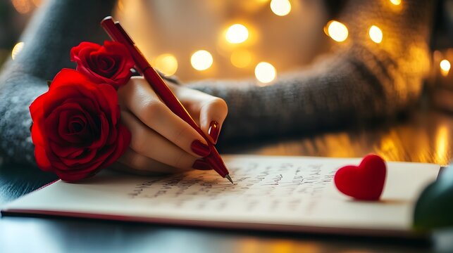 Person writing small notes of appreciation to leave around for loved ones on Valentine Day