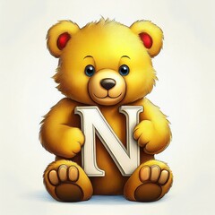 Illustration of cute yellow teddy bear with letter N. Baby name reveal after child birth. Stuffed animal on white background