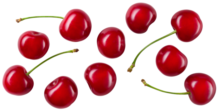 Cherry isolated png. Sour cherry with leaf on white or transparent background. Perfect retouched cherries on branch with leaves no background.  Png cherry flat lay.  Sour cherries background.