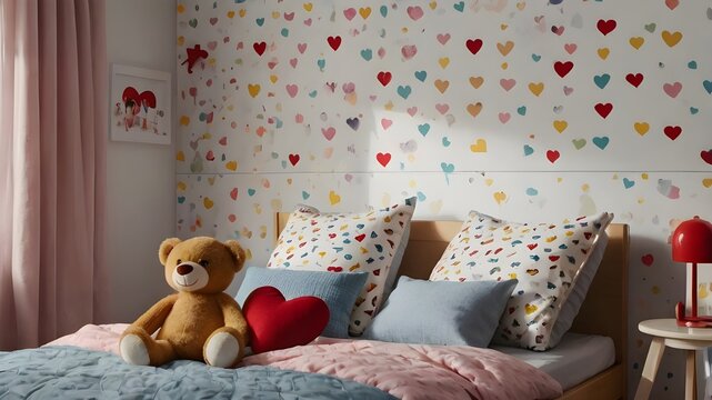 Cozy Child's Bedroom with Heart-Shaped D&eacute;cor and Plush Toys