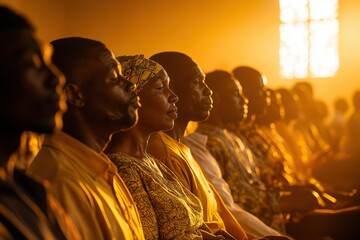 People participate in a calm church service, engaging in reflection and prayer in a humble church setting