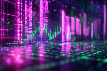 Rising financial graph in a glowing neon grid sharp green and purple lines sleek digital interface futuristic stock market vibe vibrant data flow bold investment energy