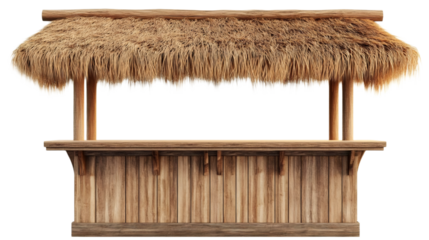 Wooden beach bar counter with thatched roof on transparent background