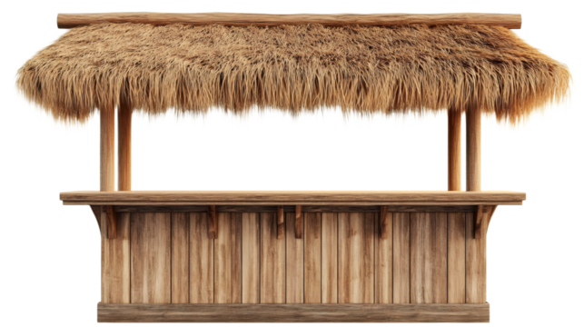 Wooden beach bar counter with thatched roof on transparent background