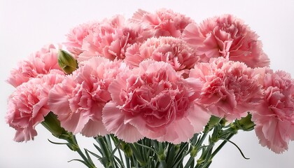 close up photo of a pink carnation bouquet isolated over white background