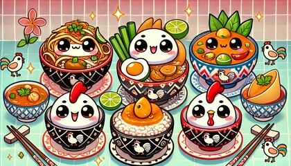 Cute Thai Food Characters &ndash; Kawaii Style Cartoon Illustration