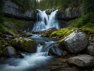 Fototapeta premium Blaeberry Falls: Canada’s Hidden Wilderness Gem, Where Pristine Waters Cascade Over Rugged Cliffs, Surrounded by Towering Pines and the Untamed Beauty of the Rocky Mountains!