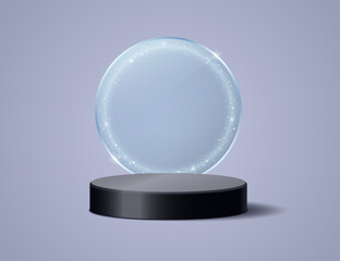 Round dark podium on the background of a transparent round frame with glowing magic dust. Vector 3D illustration.