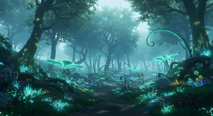 A mystical, glowing forest with vibrant, bioluminescent plants and trees, creating a surreal, enchanting atmosphere that transports viewers into a magical, otherworldly landscape.