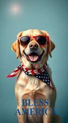 A cheerful Labrador Retriever with refined features, wearing red sunglasses and an American flag scarf, 14th for july celebration. Below, the phrase "BLESS AMERICA". Created with generative AI.