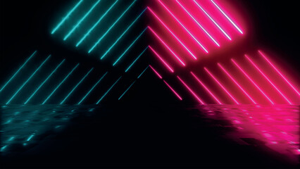 Abstract colorful background with bright neon beams and glowing lines reflecting on the floor. Clean reflective dark surface. Sci-fi futuristic scene, empty background. Vector illustration.