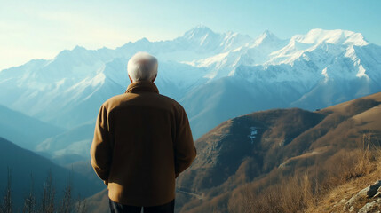 Elderly man gazes at snow-covered mountains near a peaceful valley at sunrise