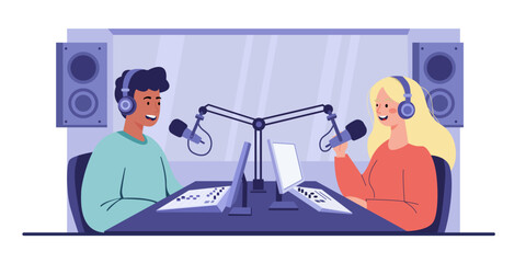Two characters are using a radio studio microphone and recording an audio podcast or live online interview, a flat art vector illustration