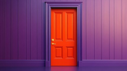 Obraz premium Bright orange door on purple wall. (1)