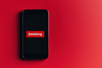 A smartphone displaying the word "Smishing" on a red background, highlighting the concept of SMS phishing attacks.