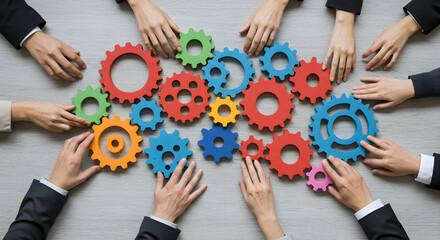 Many Hands Assembling Colorful Gears on Concrete Background Representing Collaboration and Teamwork