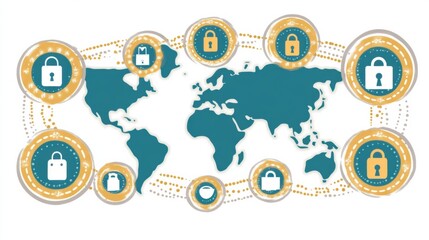 Fototapeta premium Global Network Security Teal World Map with Gold Padlock Icons