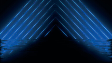 Abstract colorful background with bright neon beams and glowing lines reflecting on the floor. Clean reflective dark surface. Sci-fi futuristic scene, empty background. Vector illustration. © Tetiana