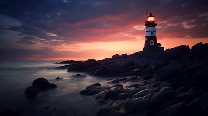 Fototapeta premium Luminous Lighthouse Stands Tall Against Dramatic Sunset Sky