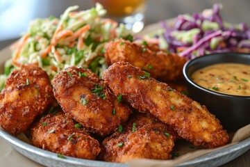 Crispy Fried Chicken Wings with Coleslaw and Dipping Sauce on Plate
