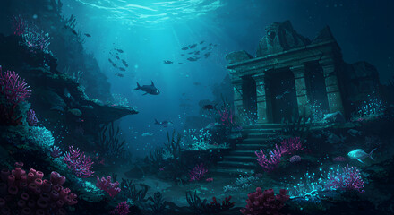 Mysterious underwater ruins with glowing blue-green windows illuminating an ancient submerged structure. Fantasy digital illustration with colorful coral reef, swimming fish, and sunlight rays penetra